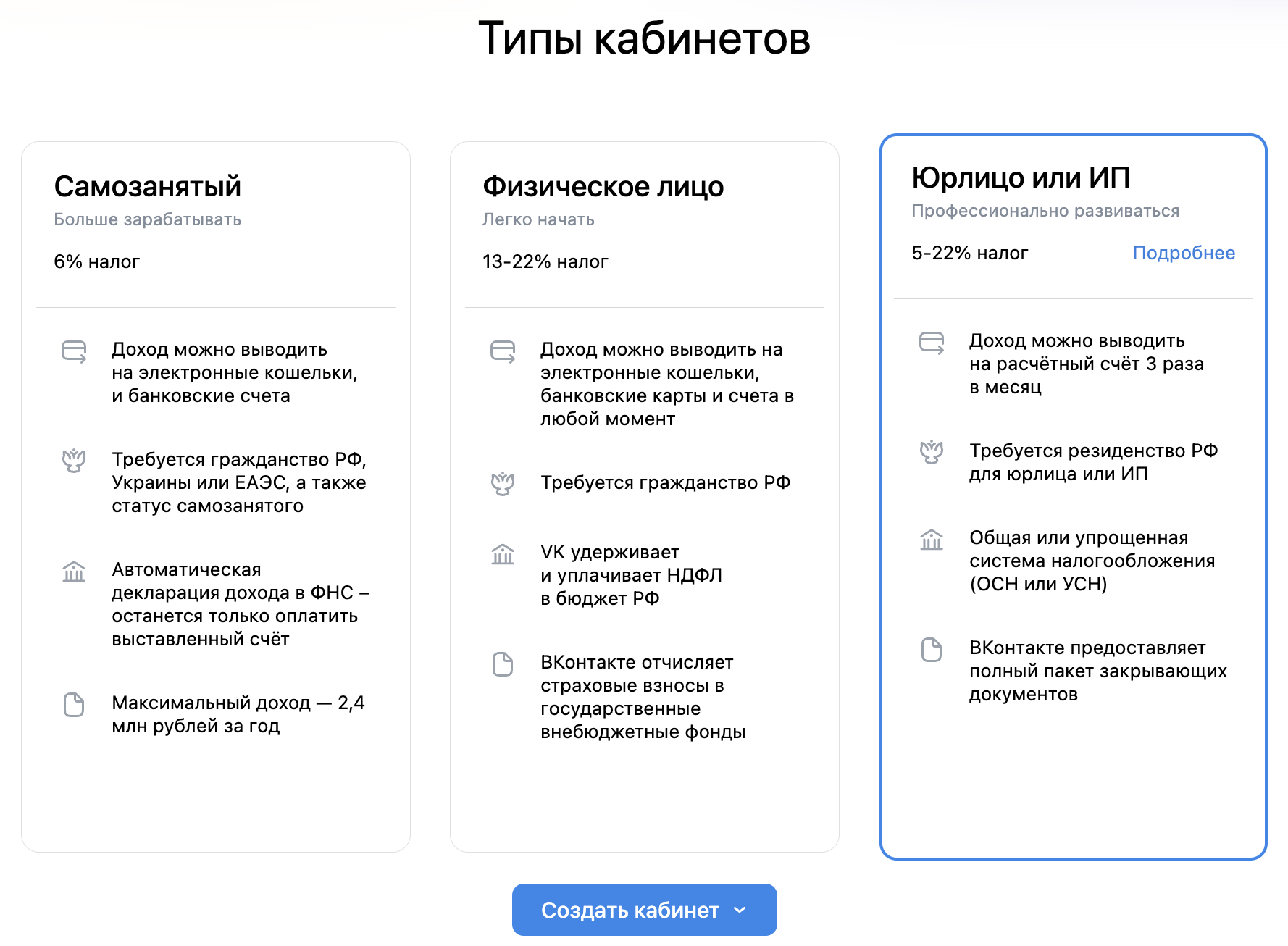 Выбор типа кабинета